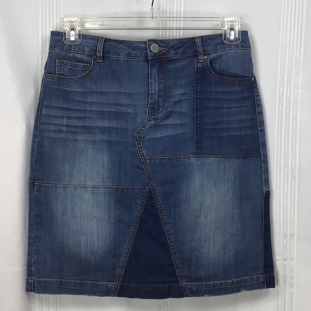 Tru Luxe Jeans Blue Retro Patched Stretch Denim Pencil Mini Skirt Sz.4